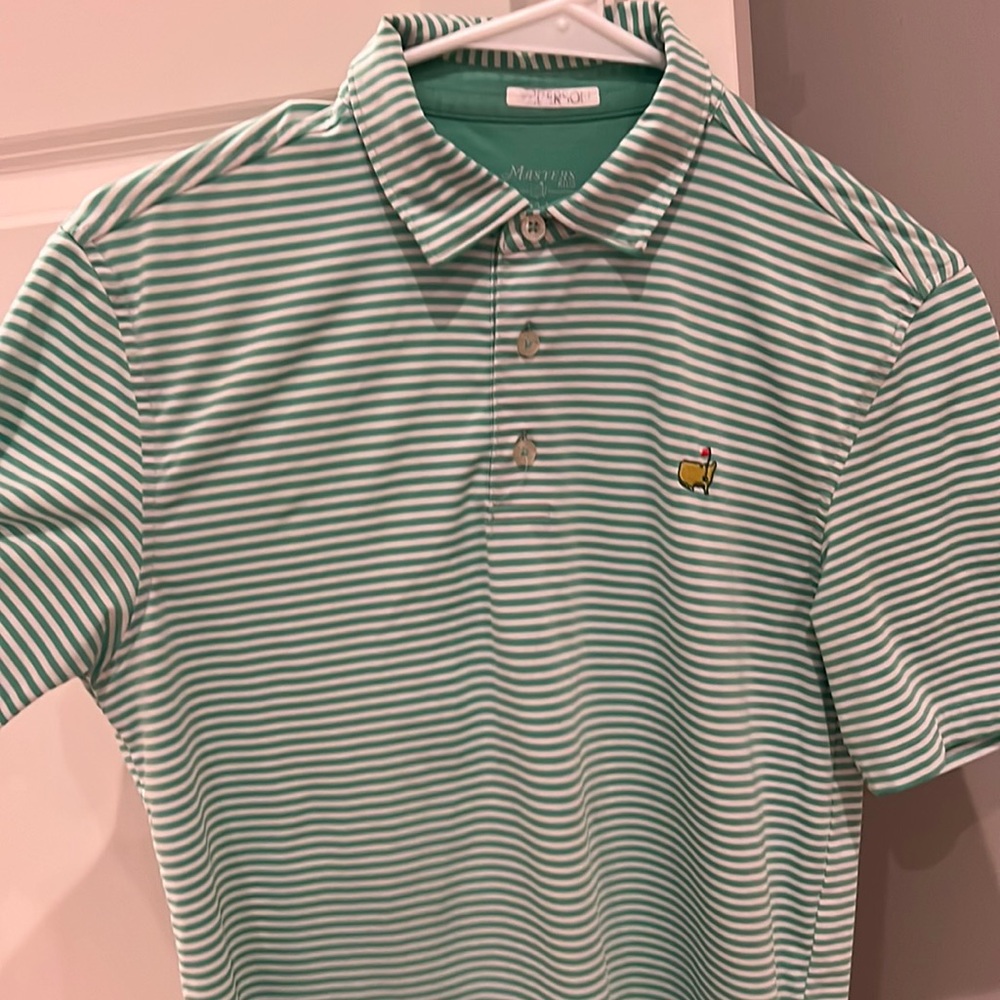 Official Masters performance fabric youth green white polo. Purchased in Augusta